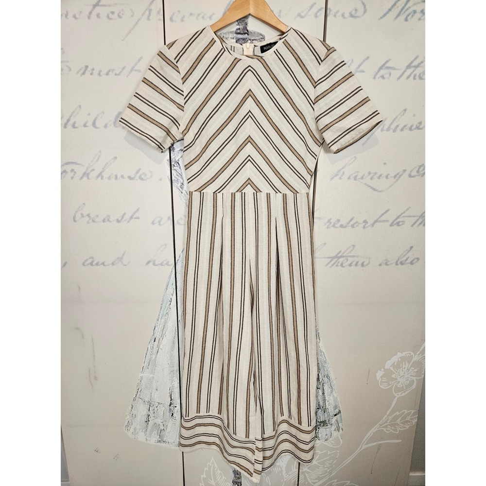 Roolee Women Striped Short Sleeve Wide Leg Cotton Jumpsuit‎ Cream Small